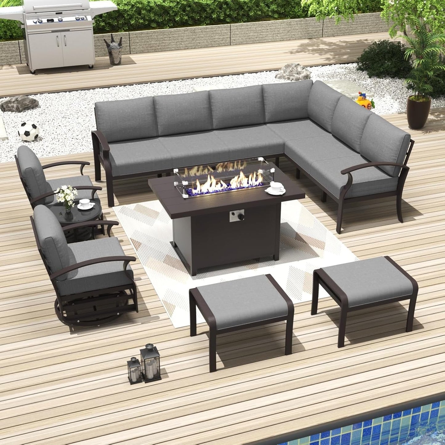 Ensemble de canapés d'angle en aluminium, ensemble de canapés d'extérieur pour patio avec accoudoirs et repose-pieds