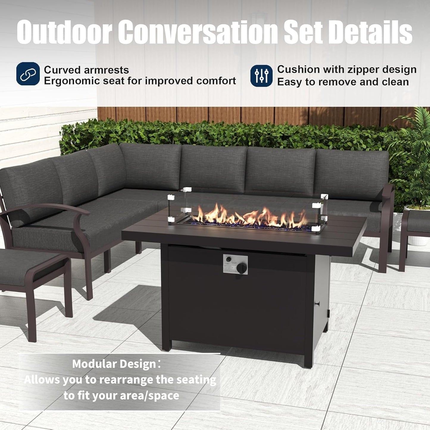 Ensemble de canapés d'angle en aluminium, ensemble de canapés d'extérieur pour patio avec accoudoirs et repose-pieds
