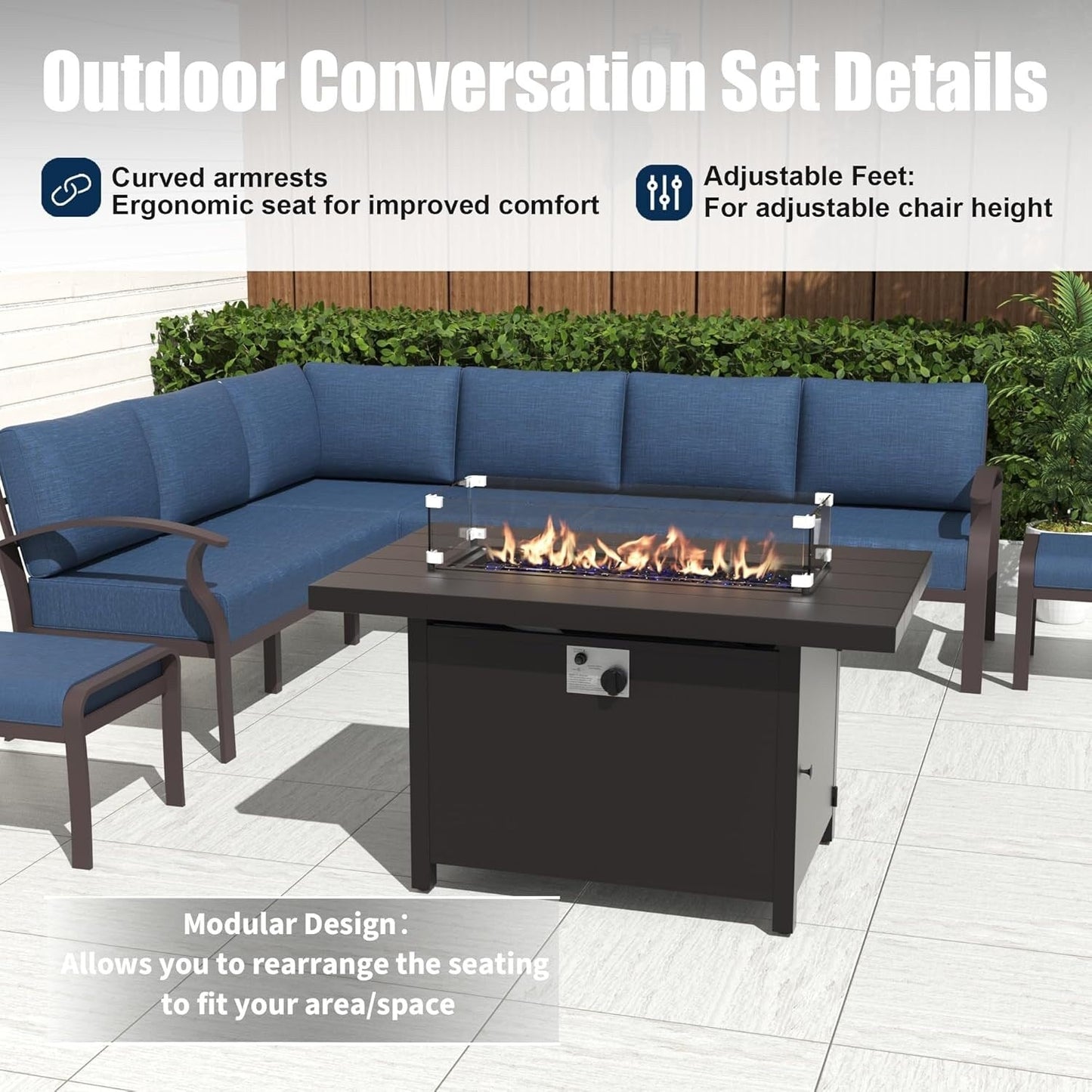 Ensemble de canapés d'angle en aluminium, ensemble de canapés d'extérieur pour patio avec accoudoirs et repose-pieds
