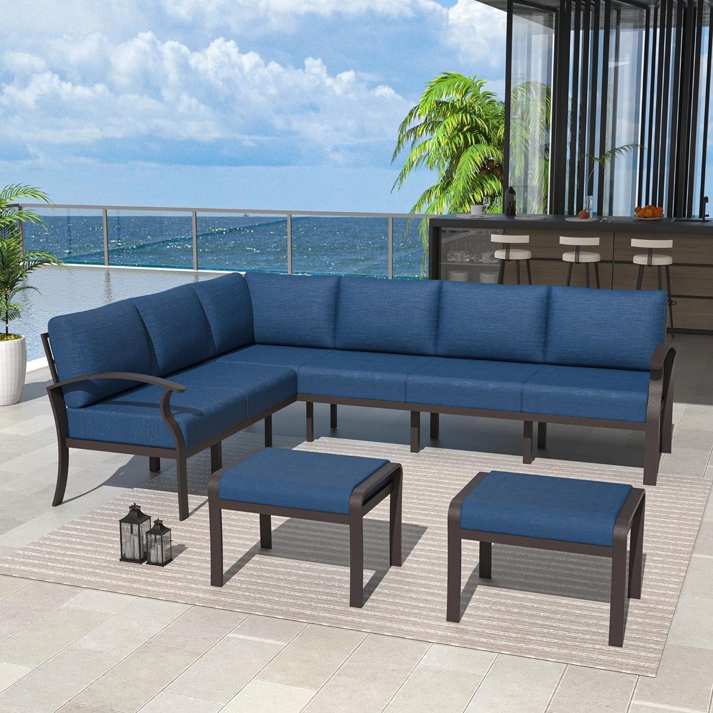Ensemble de canapés d'angle en aluminium, ensemble de canapés d'extérieur pour patio avec accoudoirs et repose-pieds