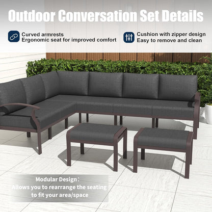 Ensemble de canapés d'angle en aluminium, ensemble de canapés d'extérieur pour patio avec accoudoirs et repose-pieds