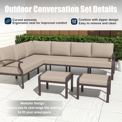 Ensemble de canapés d'angle en aluminium, ensemble de canapés d'extérieur pour patio avec accoudoirs et repose-pieds