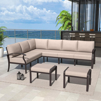 Ensemble de canapés d'angle en aluminium, ensemble de canapés d'extérieur pour patio avec accoudoirs et repose-pieds