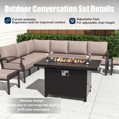 Ensemble de canapés d'angle en aluminium, ensemble de canapés d'extérieur pour patio avec accoudoirs et repose-pieds