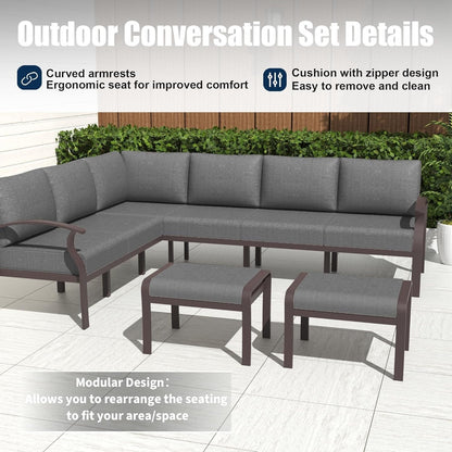 Ensemble de canapés d'angle en aluminium, ensemble de canapés d'extérieur pour patio avec accoudoirs et repose-pieds