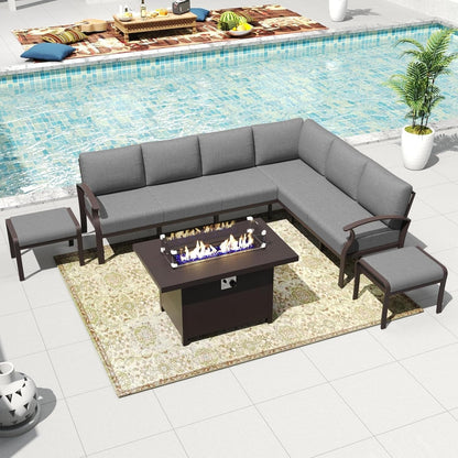 Ensemble de canapés d'angle en aluminium, ensemble de canapés d'extérieur pour patio avec accoudoirs et repose-pieds
