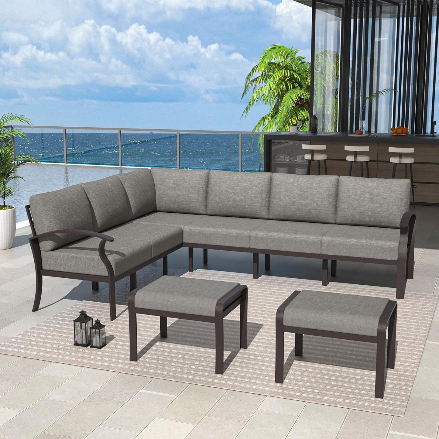 Ensemble de canapés d'angle en aluminium, ensemble de canapés d'extérieur pour patio avec accoudoirs et repose-pieds