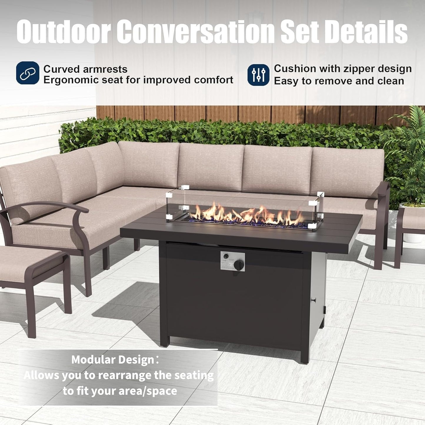 Ensemble de canapés d'angle en aluminium, ensemble de canapés d'extérieur pour patio avec accoudoirs et repose-pieds
