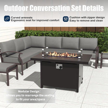 Ensemble de canapés d'angle en aluminium, ensemble de canapés d'extérieur pour patio avec accoudoirs et repose-pieds