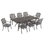 Ensemble de salle à manger rectangulaire d'extérieur en aluminium 9 pièces avec coussins et trou pour parasol