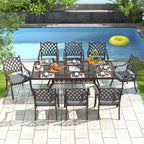 Ensemble de salle à manger rectangulaire d'extérieur en aluminium 9 pièces avec coussins et trou pour parasol