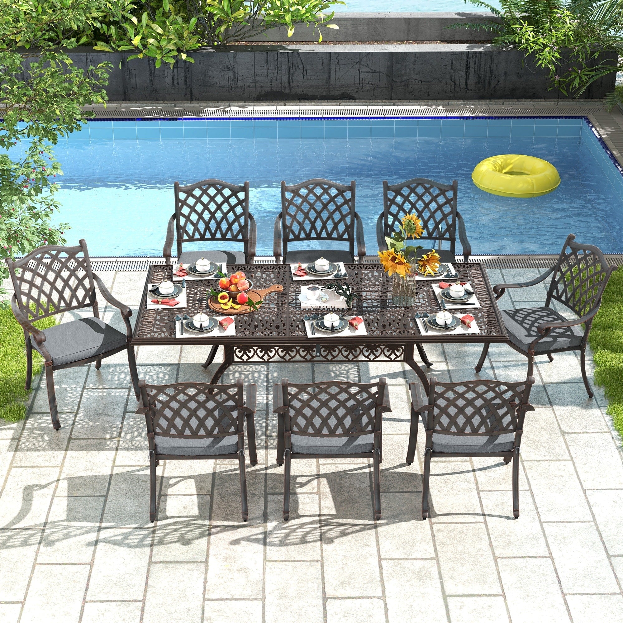 Ensemble de salle à manger rectangulaire d'extérieur en aluminium 9 pièces avec coussins et trou pour parasol