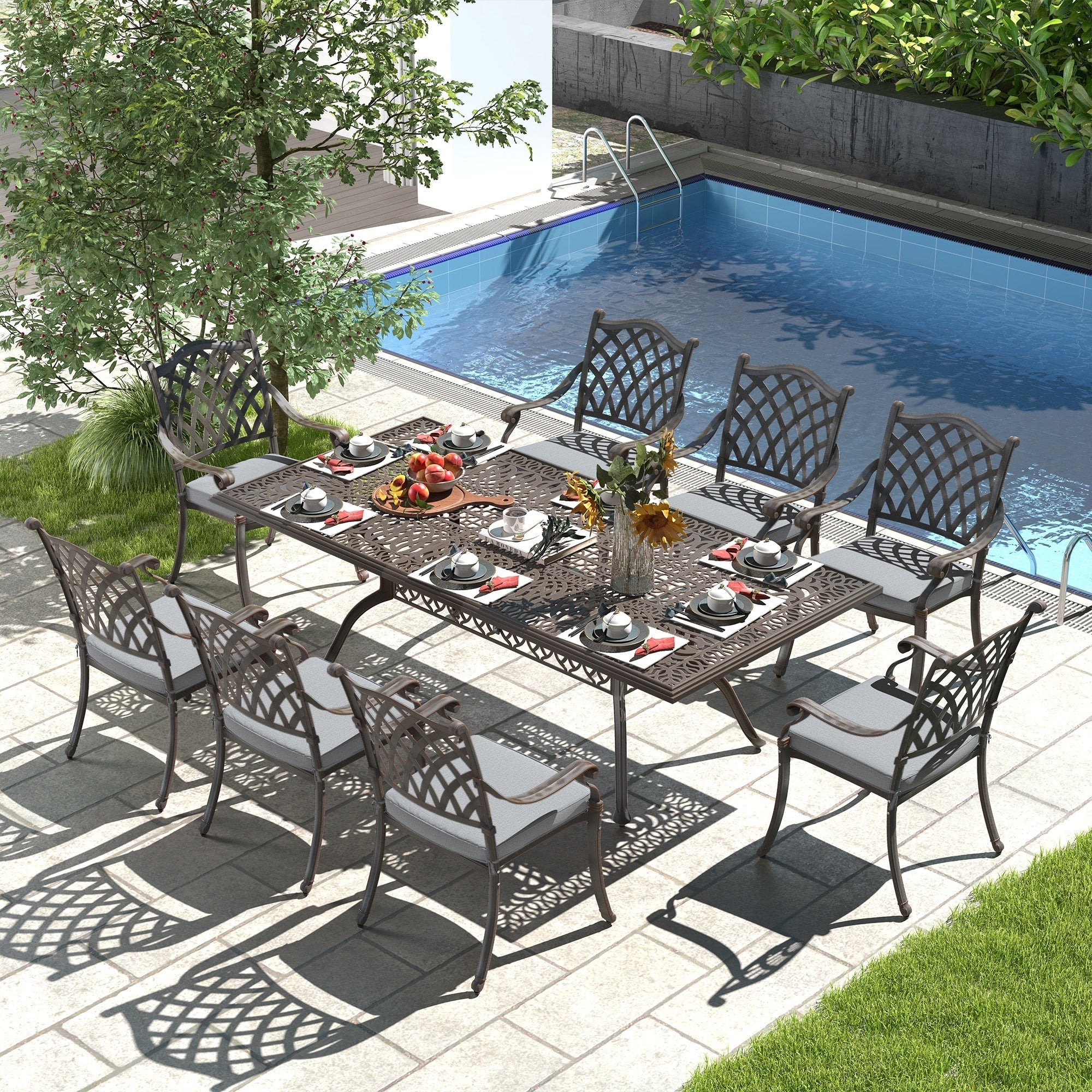 Ensemble de salle à manger rectangulaire d'extérieur en aluminium 9 pièces avec coussins et trou pour parasol