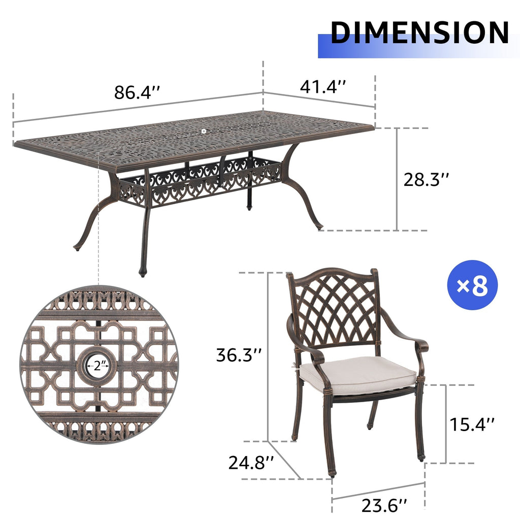 Ensemble de salle à manger rectangulaire d'extérieur en aluminium 9 pièces avec coussins et trou pour parasol