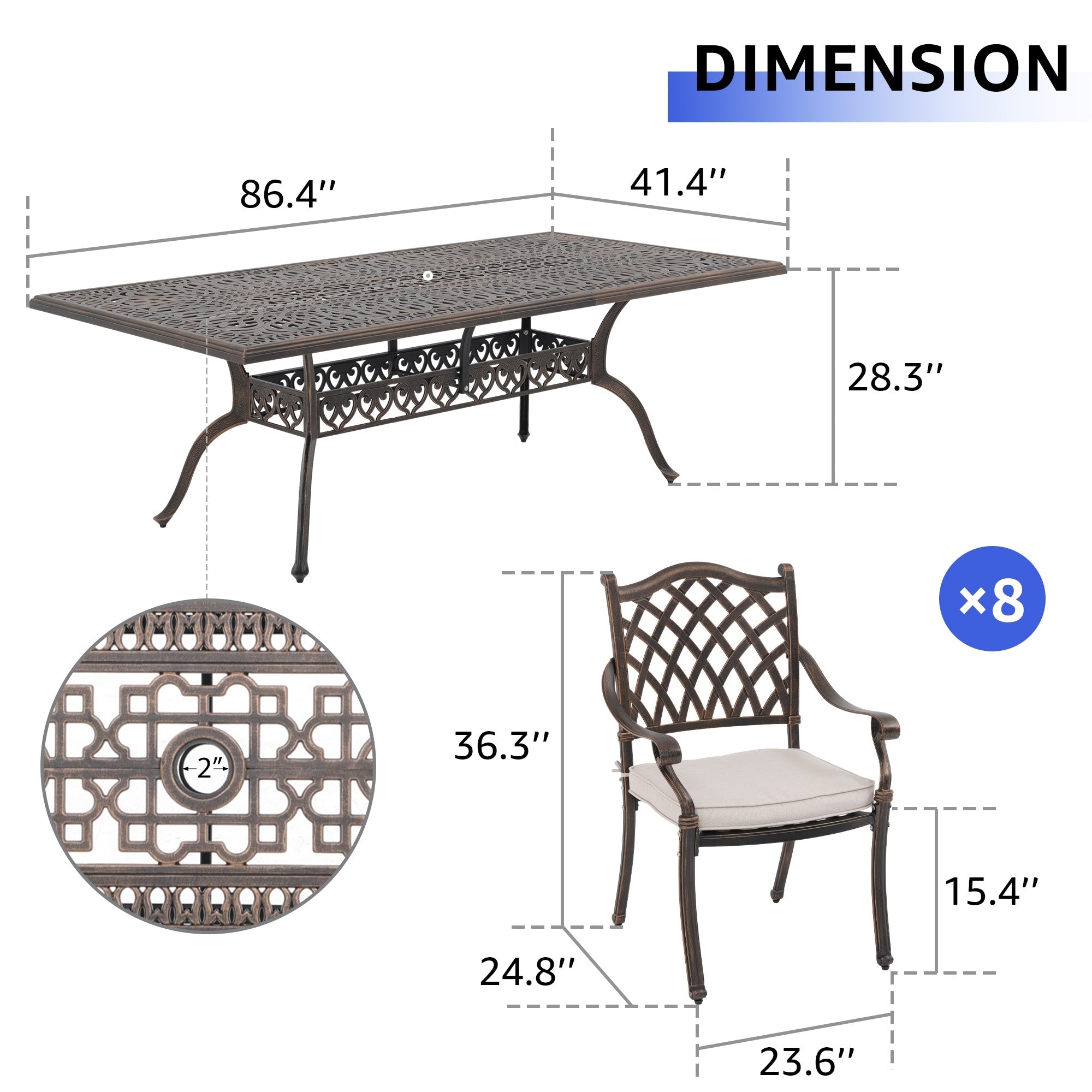 Ensemble de salle à manger rectangulaire d'extérieur en aluminium 9 pièces avec coussins et trou pour parasol