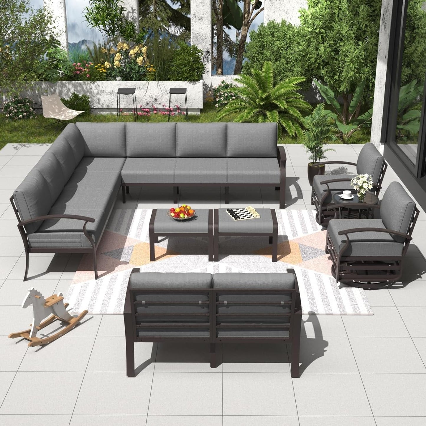 Ensemble de canapés d'angle en aluminium, ensemble de canapés d'extérieur pour patio avec accoudoirs et repose-pieds