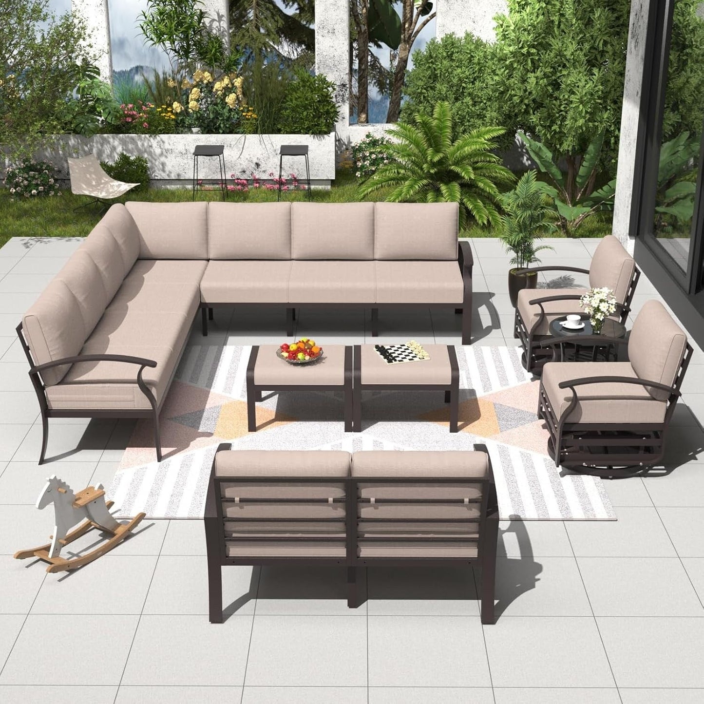 Ensemble de canapés d'angle en aluminium, ensemble de canapés d'extérieur pour patio avec accoudoirs et repose-pieds