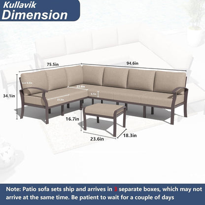 Ensemble de canapés d'angle en aluminium, ensemble de canapés d'extérieur pour patio avec accoudoirs et repose-pieds