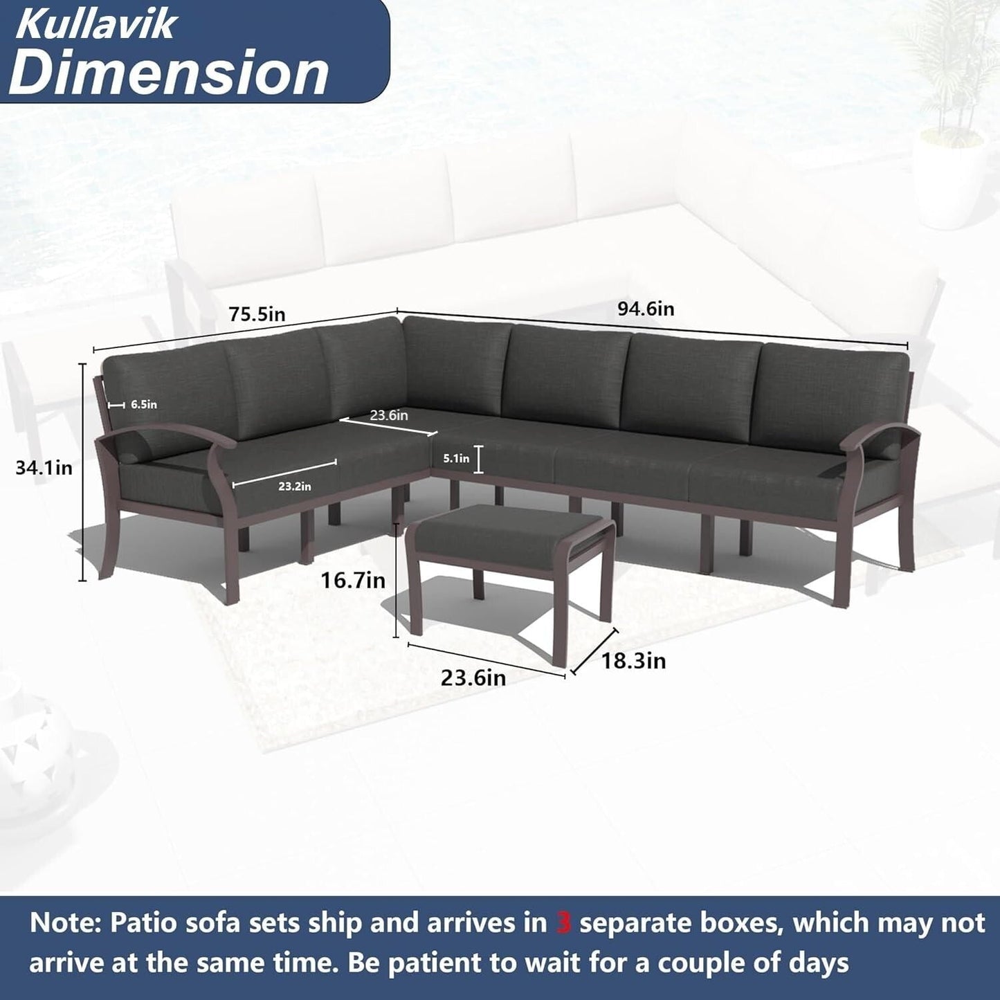Ensemble de canapés d'angle en aluminium, ensemble de canapés d'extérieur pour patio avec accoudoirs et repose-pieds