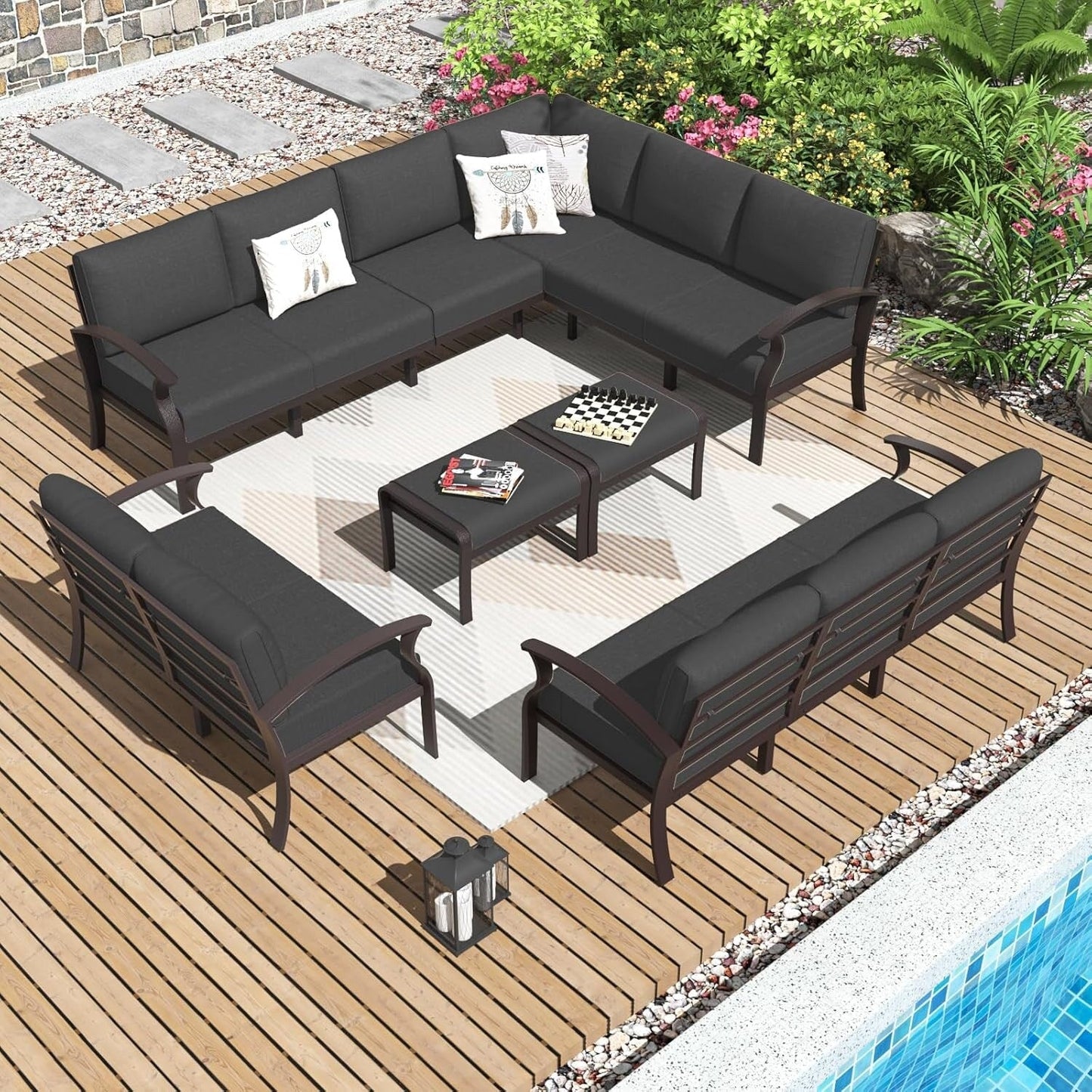 Ensemble de canapés d'angle en aluminium, ensemble de canapés d'extérieur pour patio avec accoudoirs et repose-pieds