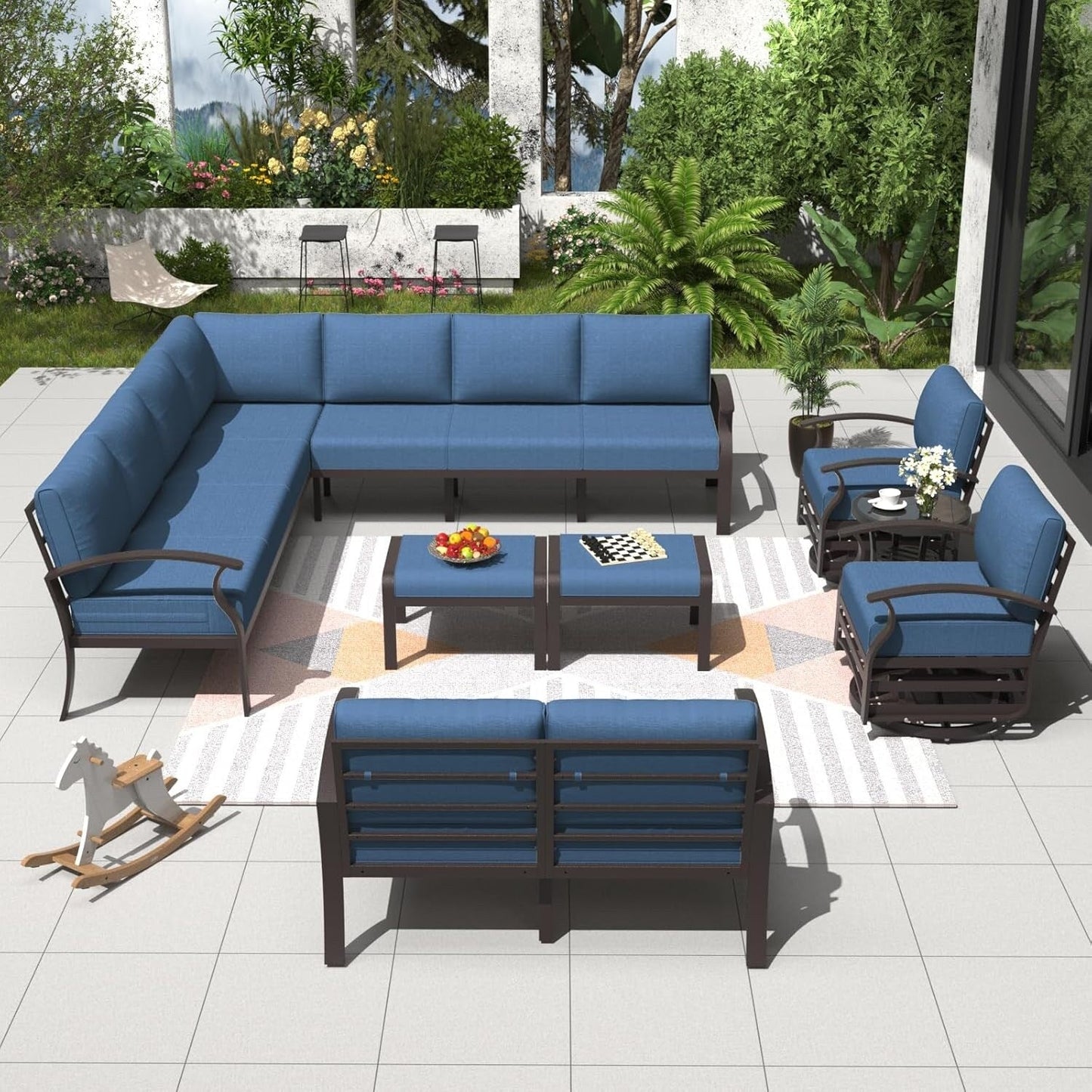 Ensemble de canapés d'angle en aluminium, ensemble de canapés d'extérieur pour patio avec accoudoirs et repose-pieds
