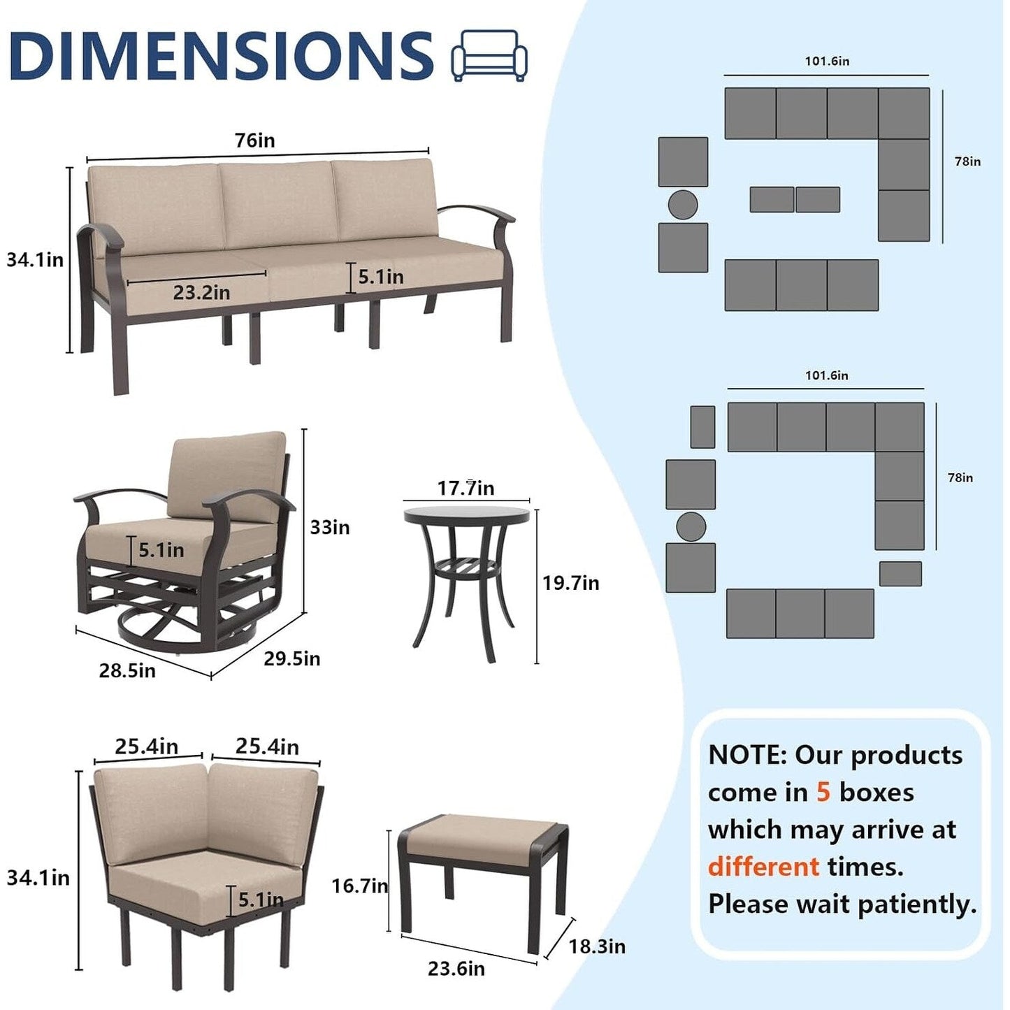 Ensemble de canapés d'angle en aluminium, ensemble de canapés d'extérieur pour patio avec accoudoirs et repose-pieds