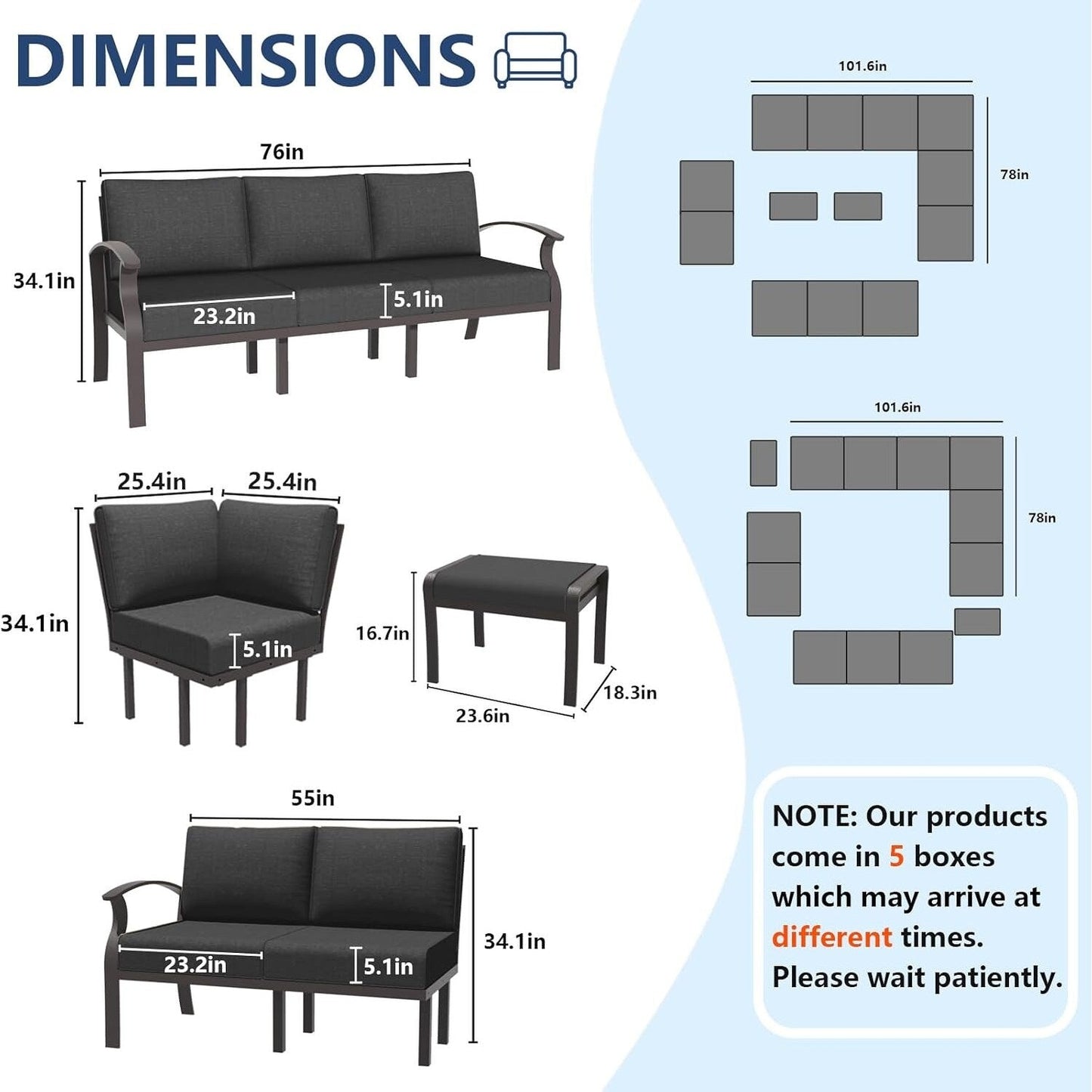 Ensemble de canapés d'angle en aluminium, ensemble de canapés d'extérieur pour patio avec accoudoirs et repose-pieds