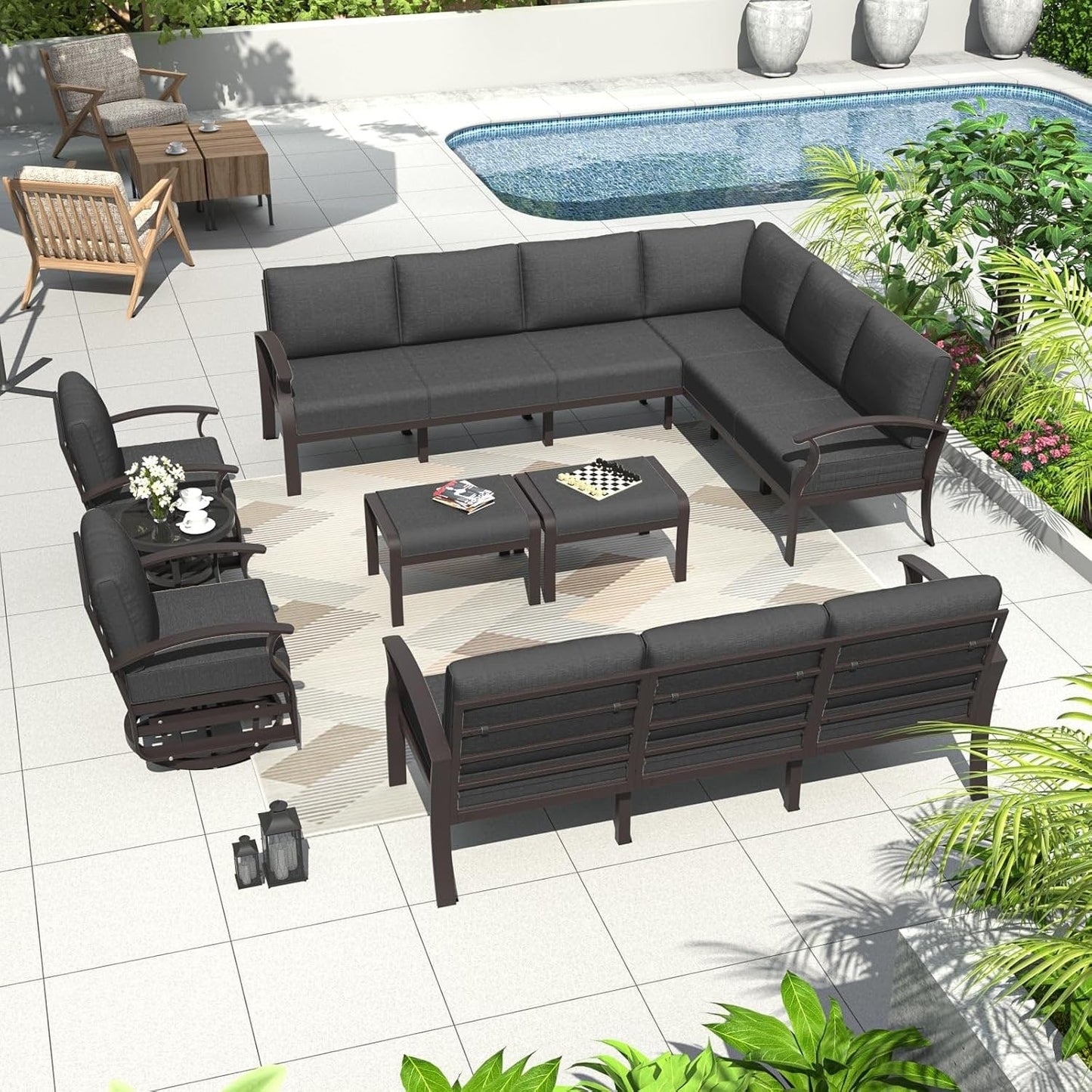 Ensemble de canapés d'angle en aluminium, ensemble de canapés d'extérieur pour patio avec accoudoirs et repose-pieds