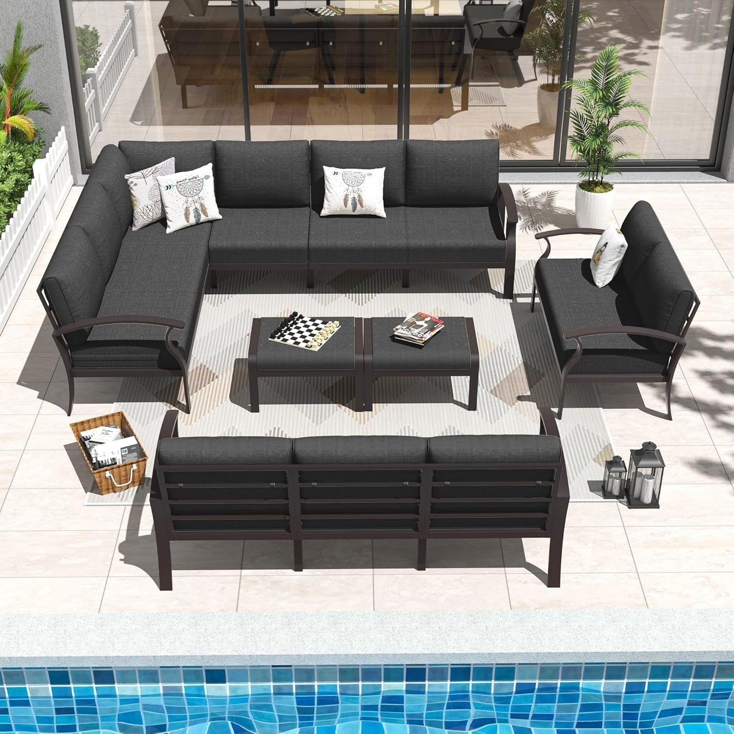 Ensemble de canapés d'angle en aluminium, ensemble de canapés d'extérieur pour patio avec accoudoirs et repose-pieds