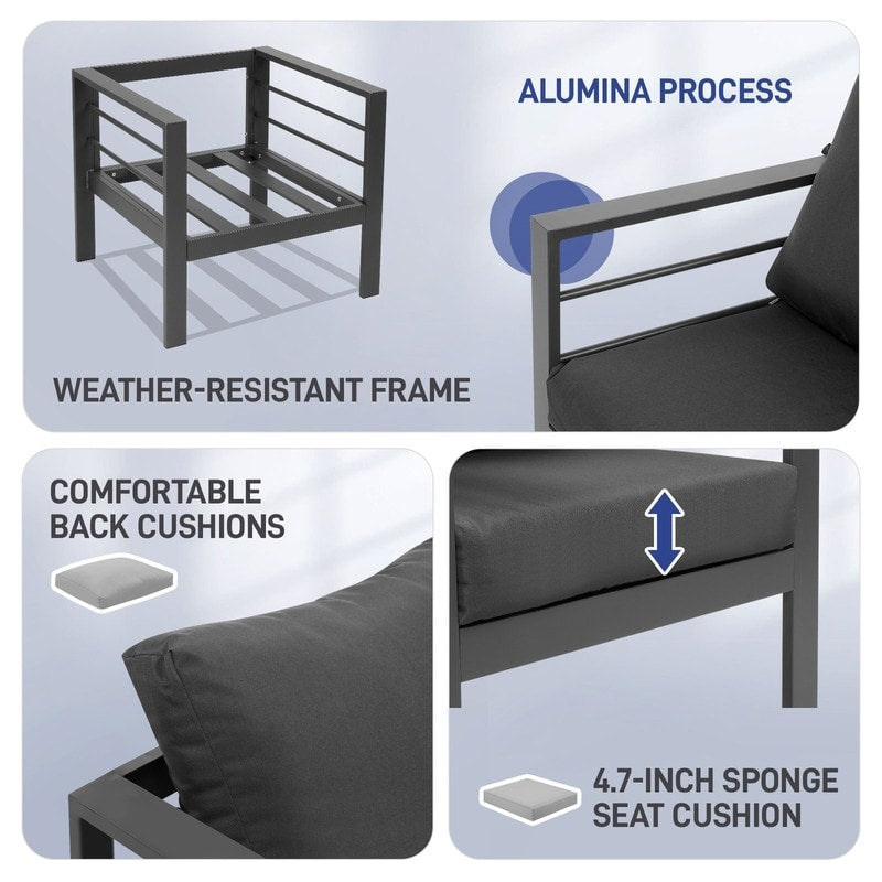 Ensemble de meubles de patio en aluminium 4 pièces, ensemble de conversation extérieur moderne avec canapé sectionnel