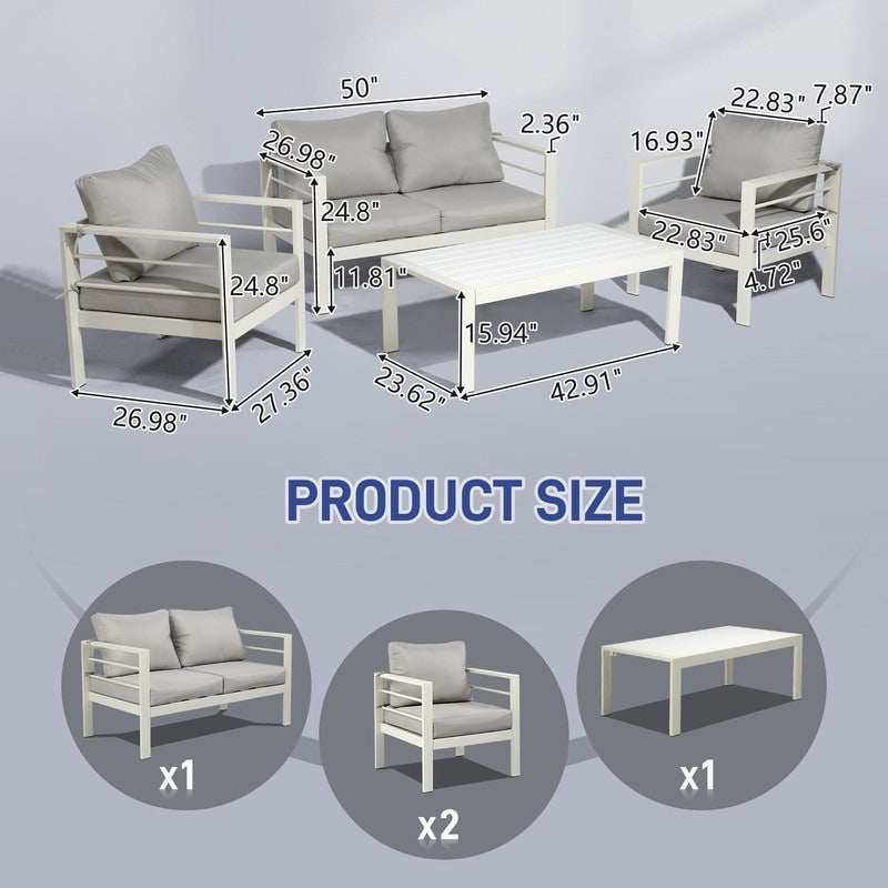 Ensemble de meubles de patio en aluminium 4 pièces, ensemble de conversation extérieur moderne avec canapé sectionnel