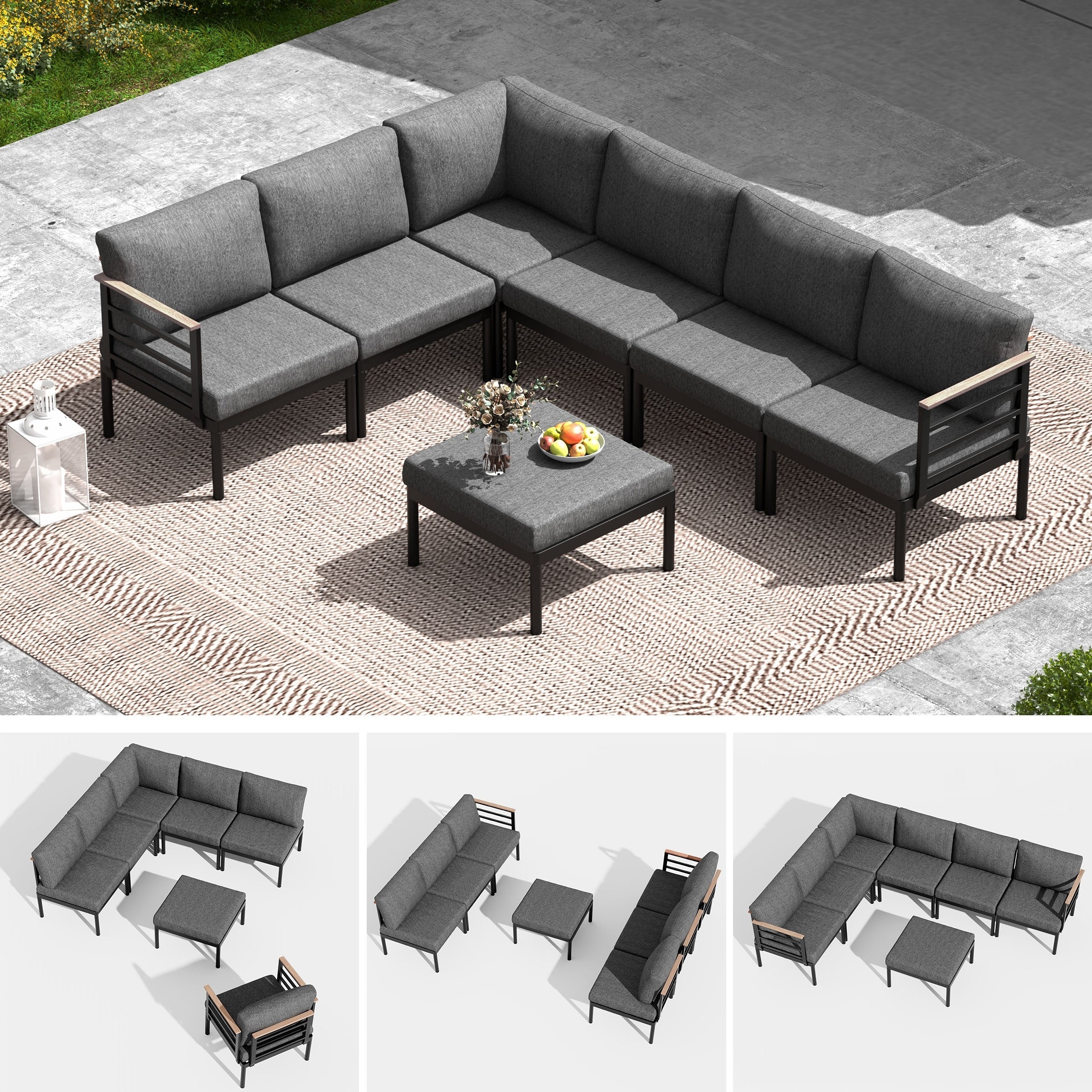 Ensemble de meubles de patio en aluminium 6/7/8 pièces Ensemble de conversation extérieur moderne Ensemble de canapés sectionnels
