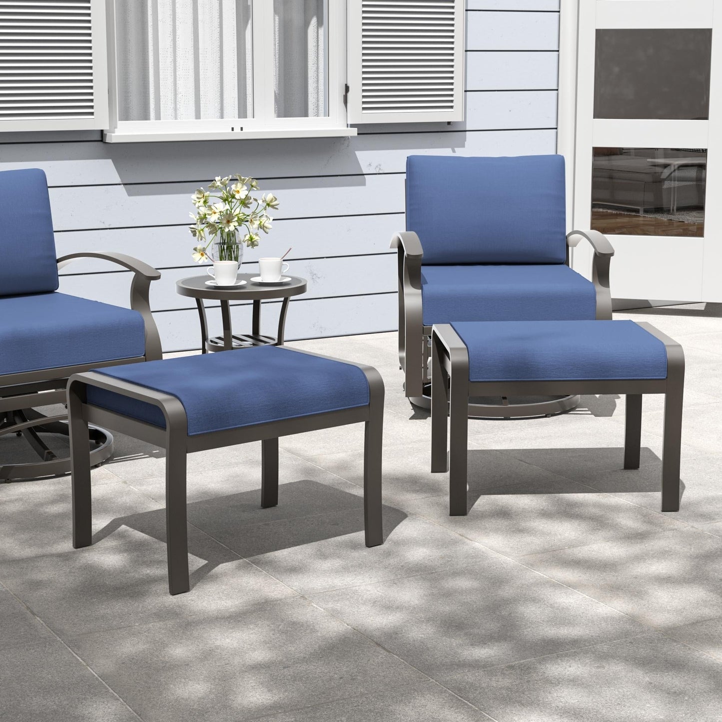 Ensemble de meubles de jardin en aluminium avec foyer, poufs, chaises pivotantes et canapé sectionnel avec coussins épais pour véranda et jardin