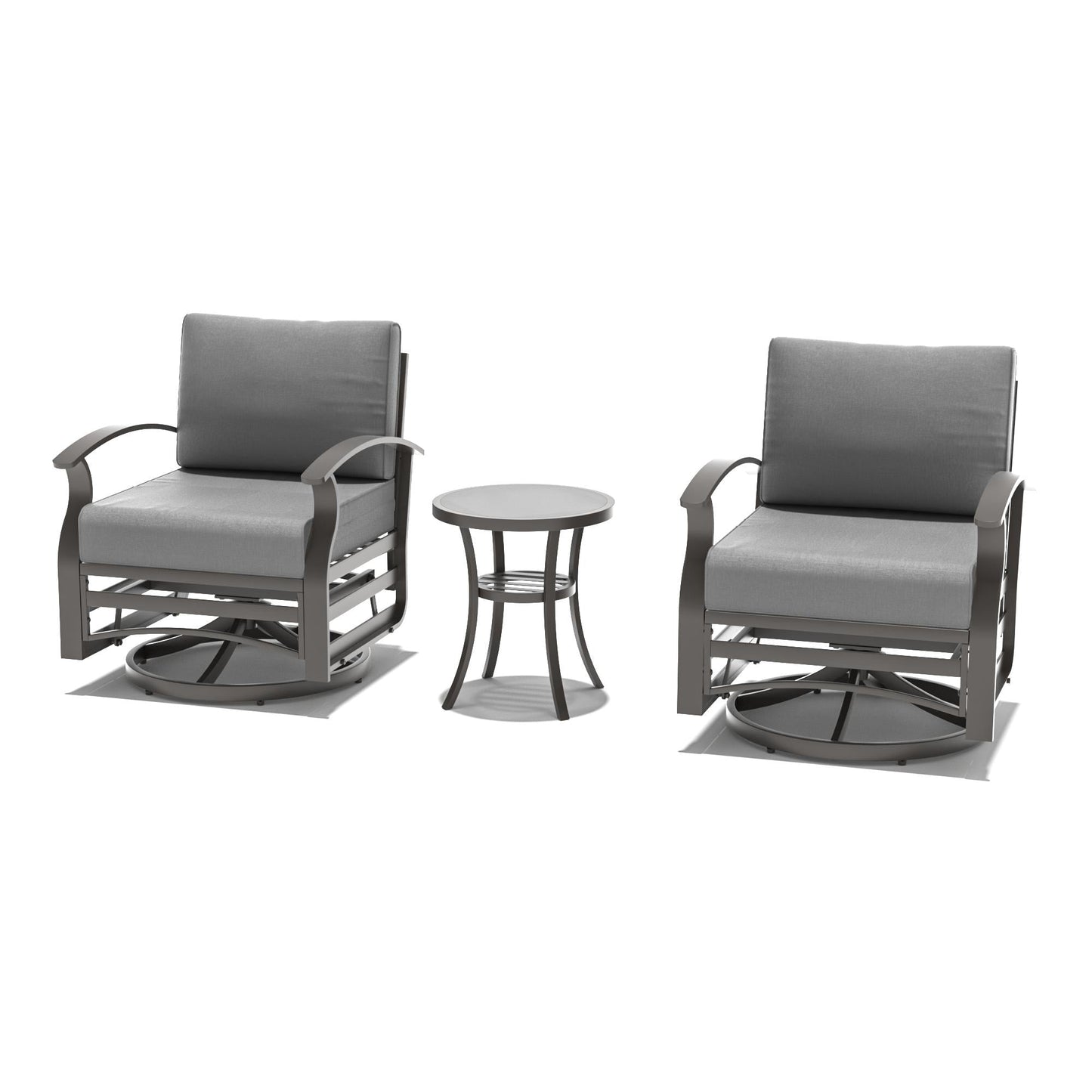 Ensemble de meubles de jardin en aluminium avec foyer, poufs, chaises pivotantes et canapé sectionnel avec coussins épais pour véranda et jardin