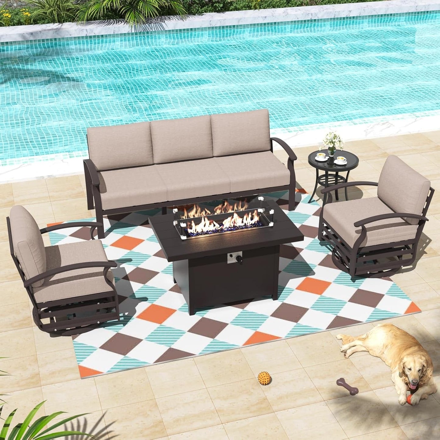 Ensemble de meubles de jardin en aluminium avec foyer, poufs, chaises pivotantes et canapé sectionnel avec coussins épais pour véranda et jardin