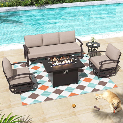 Ensemble de meubles de jardin en aluminium avec foyer, poufs, chaises pivotantes et canapé sectionnel avec coussins épais pour véranda et jardin