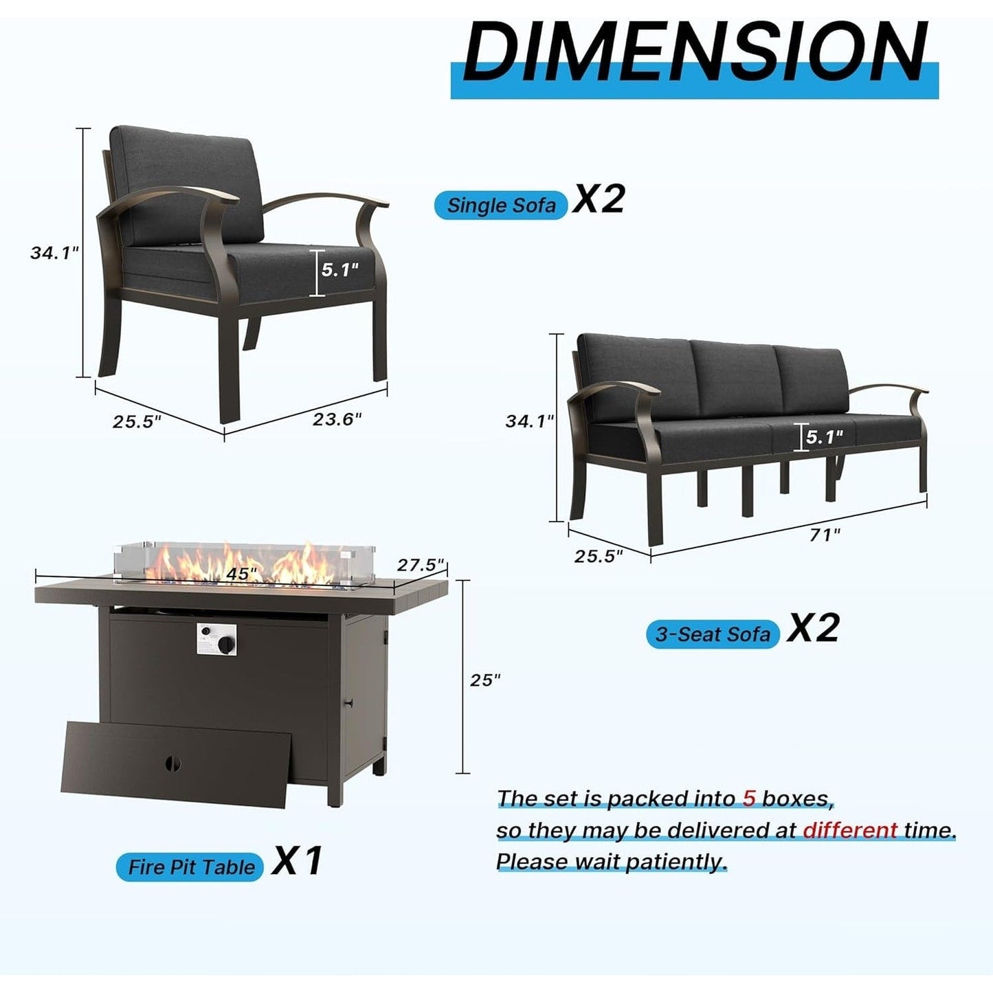 Ensemble de meubles de jardin en aluminium avec foyer, poufs, chaises pivotantes et canapé sectionnel avec coussins épais pour véranda et jardin