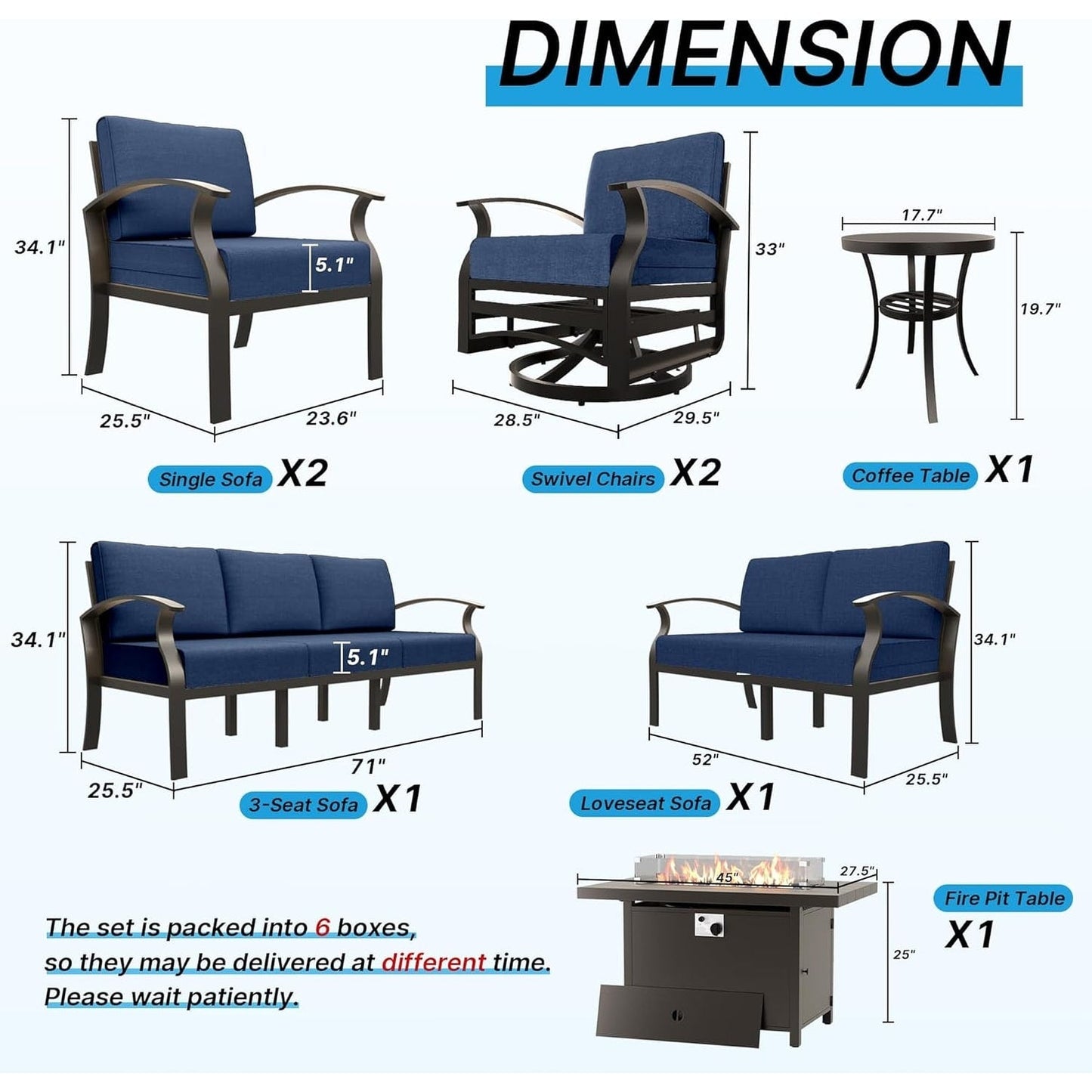 Ensemble de meubles de jardin en aluminium avec foyer, poufs, chaises pivotantes et canapé sectionnel avec coussins épais pour véranda et jardin