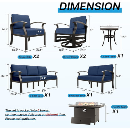 Ensemble de meubles de jardin en aluminium avec foyer, poufs, chaises pivotantes et canapé sectionnel avec coussins épais pour véranda et jardin