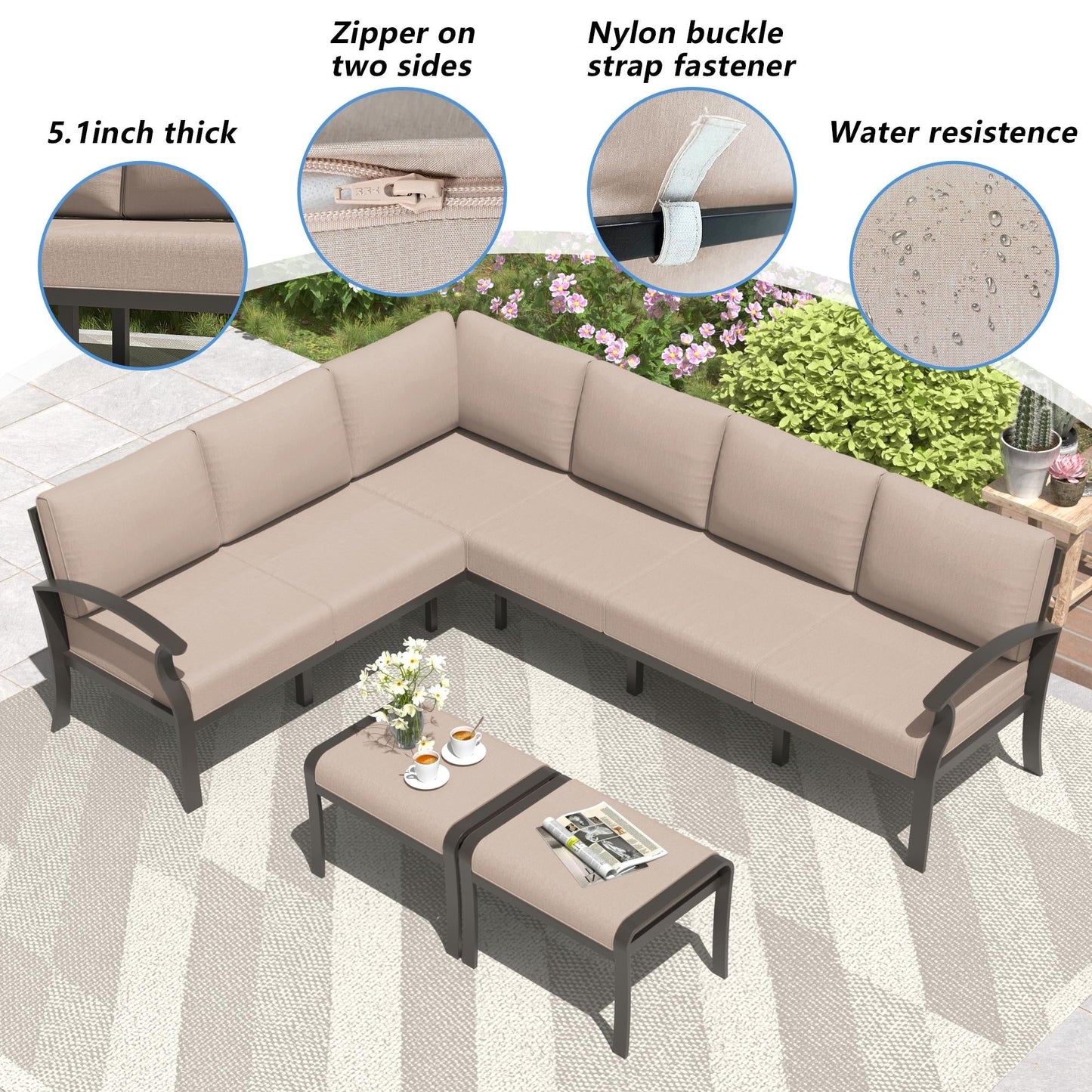 Ensemble de meubles de jardin en aluminium avec foyer, poufs, chaises pivotantes et canapé sectionnel avec coussins épais pour véranda et jardin