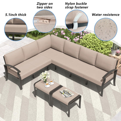 Ensemble de meubles de jardin en aluminium avec foyer, poufs, chaises pivotantes et canapé sectionnel avec coussins épais pour véranda et jardin