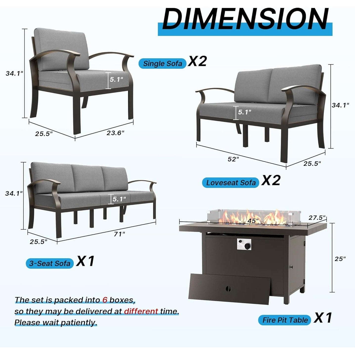 Ensemble de meubles de jardin en aluminium avec foyer, poufs, chaises pivotantes et canapé sectionnel avec coussins épais pour véranda et jardin