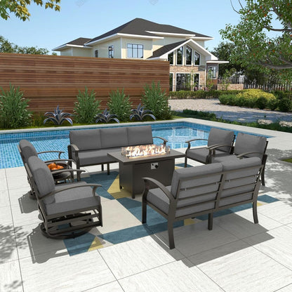 Ensemble de meubles de jardin en aluminium avec foyer, poufs, chaises pivotantes et canapé sectionnel avec coussins épais pour véranda et jardin