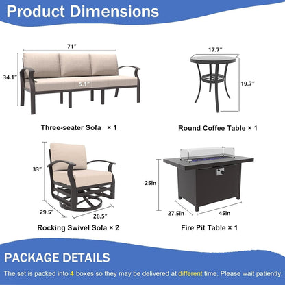Ensemble de meubles de jardin en aluminium avec foyer, poufs, chaises pivotantes et canapé sectionnel avec coussins épais pour véranda et jardin