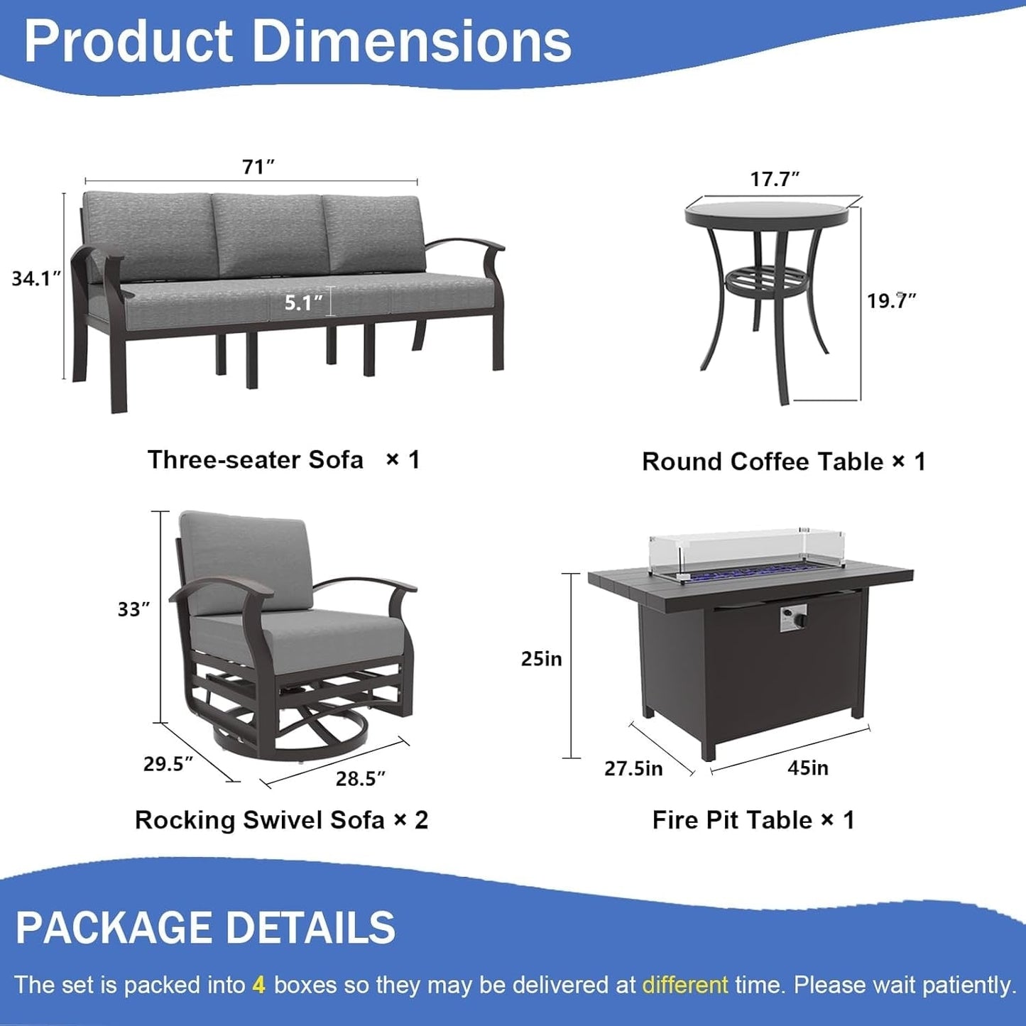 Ensemble de meubles de jardin en aluminium avec foyer, poufs, chaises pivotantes et canapé sectionnel avec coussins épais pour véranda et jardin