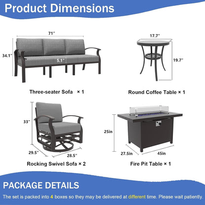 Ensemble de meubles de jardin en aluminium avec foyer, poufs, chaises pivotantes et canapé sectionnel avec coussins épais pour véranda et jardin