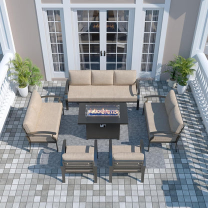 Ensemble de meubles de jardin en aluminium avec foyer, poufs, chaises pivotantes et canapé sectionnel avec coussins épais pour véranda et jardin