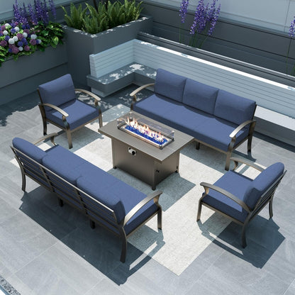 Ensemble de meubles de jardin en aluminium avec foyer, poufs, chaises pivotantes et canapé sectionnel avec coussins épais pour véranda et jardin