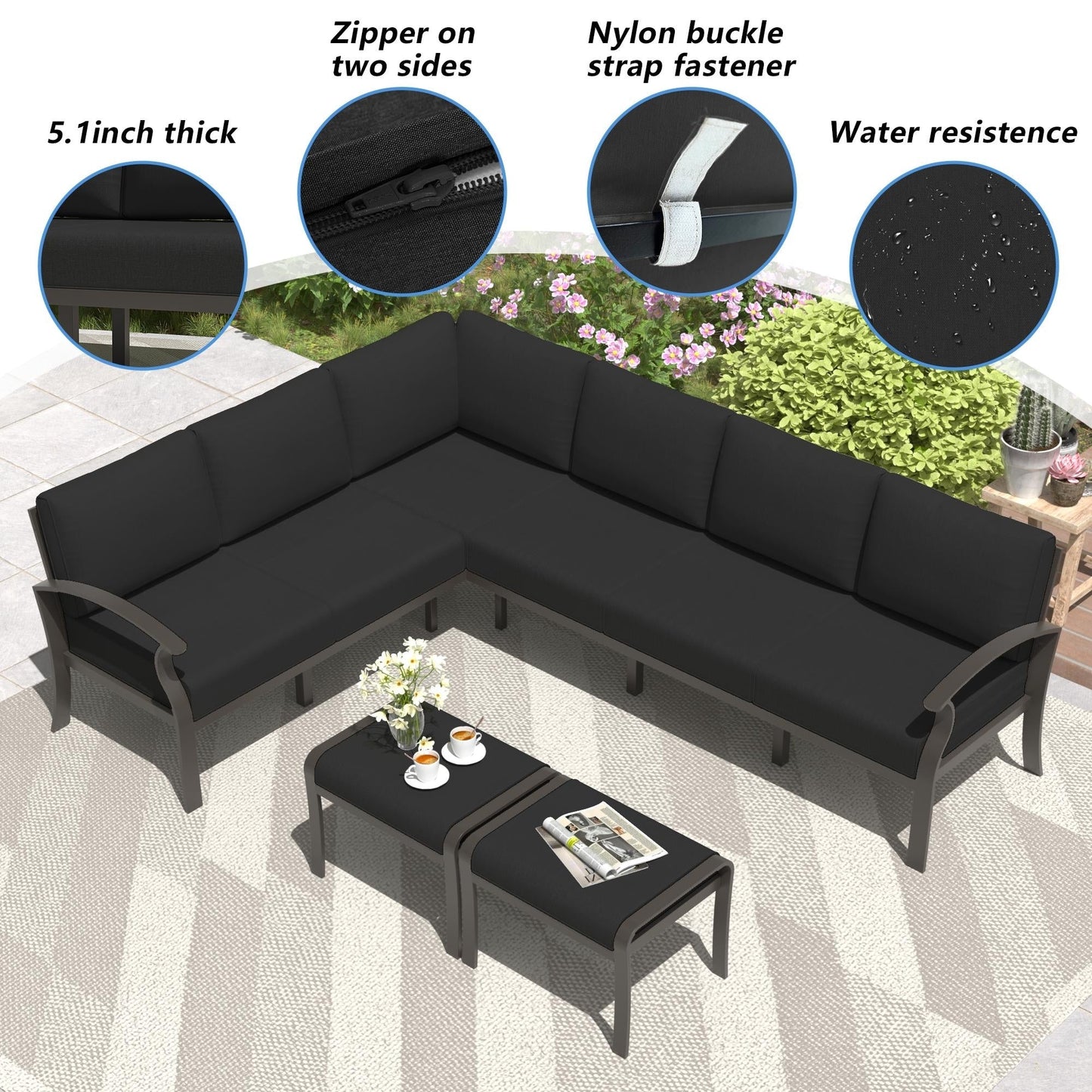 Ensemble de meubles de jardin en aluminium avec foyer, poufs, chaises pivotantes et canapé sectionnel avec coussins épais pour véranda et jardin