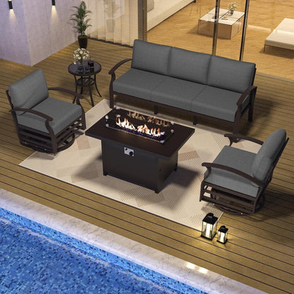 Ensemble de meubles de jardin en aluminium avec foyer, poufs, chaises pivotantes et canapé sectionnel avec coussins épais pour véranda et jardin